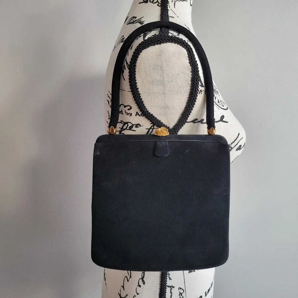 Vintage 60s Coblentz perma‎ suede black satchel handbag purse gold rose detail